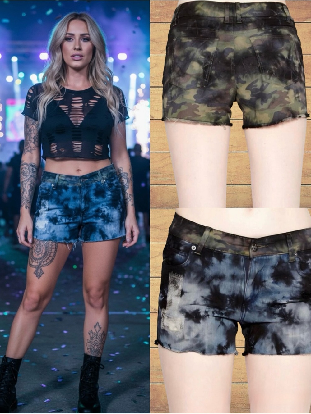 Tripp NYC Black & Blue Tie-Dye and Camouflage Deconstructed Denim Shorts 25 NWT